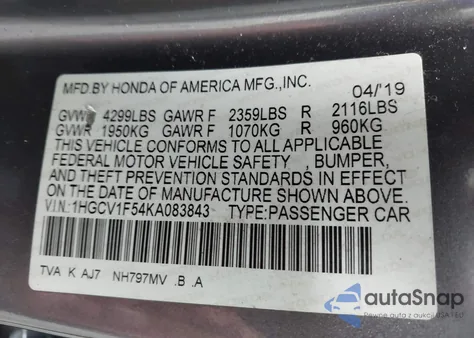 2019 Honda Accord Ex-L from USA, damaged, VIN 1HGCV1F54KA083843